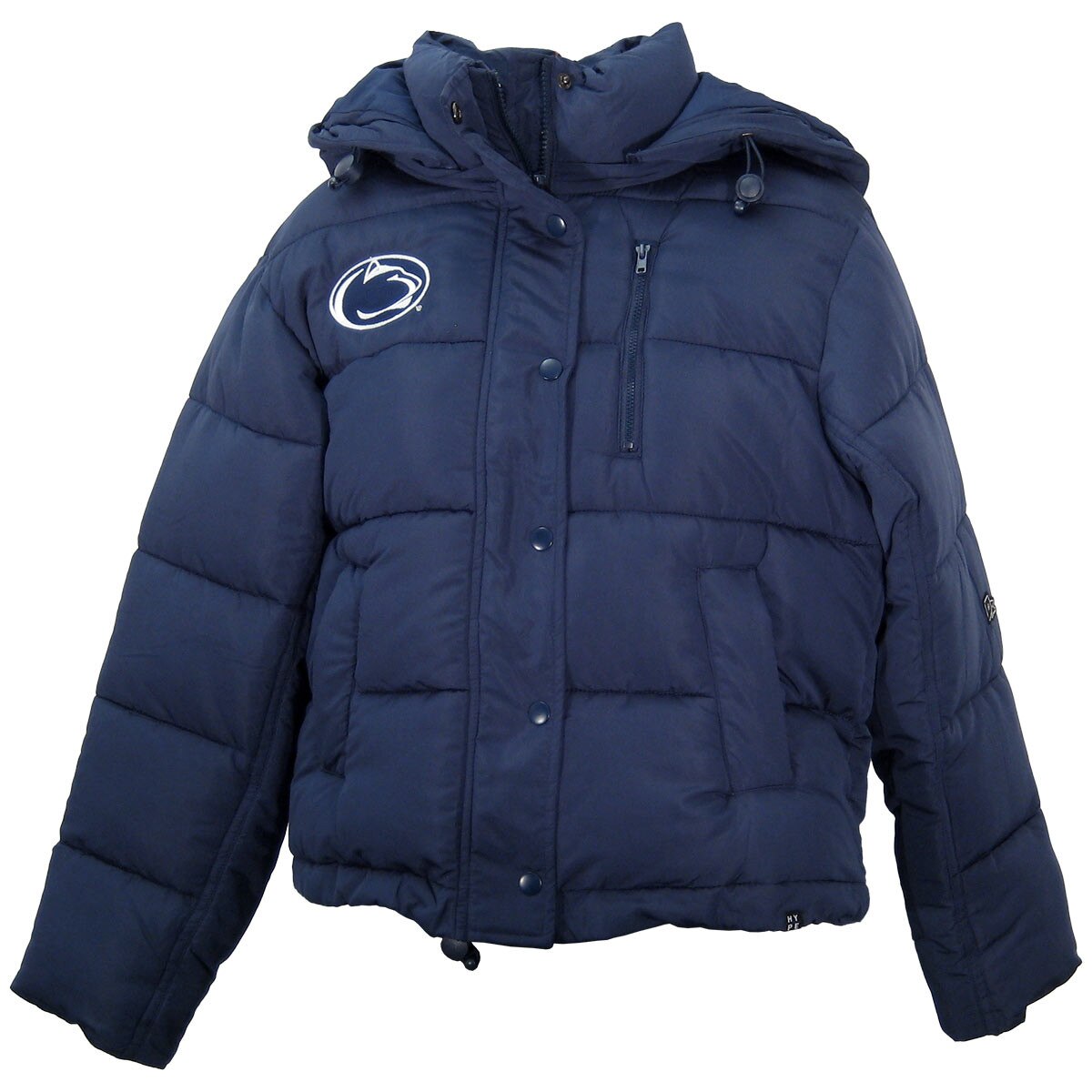 women's navy puffer jacket with embroidered Penn State Athletic Logo on right chest